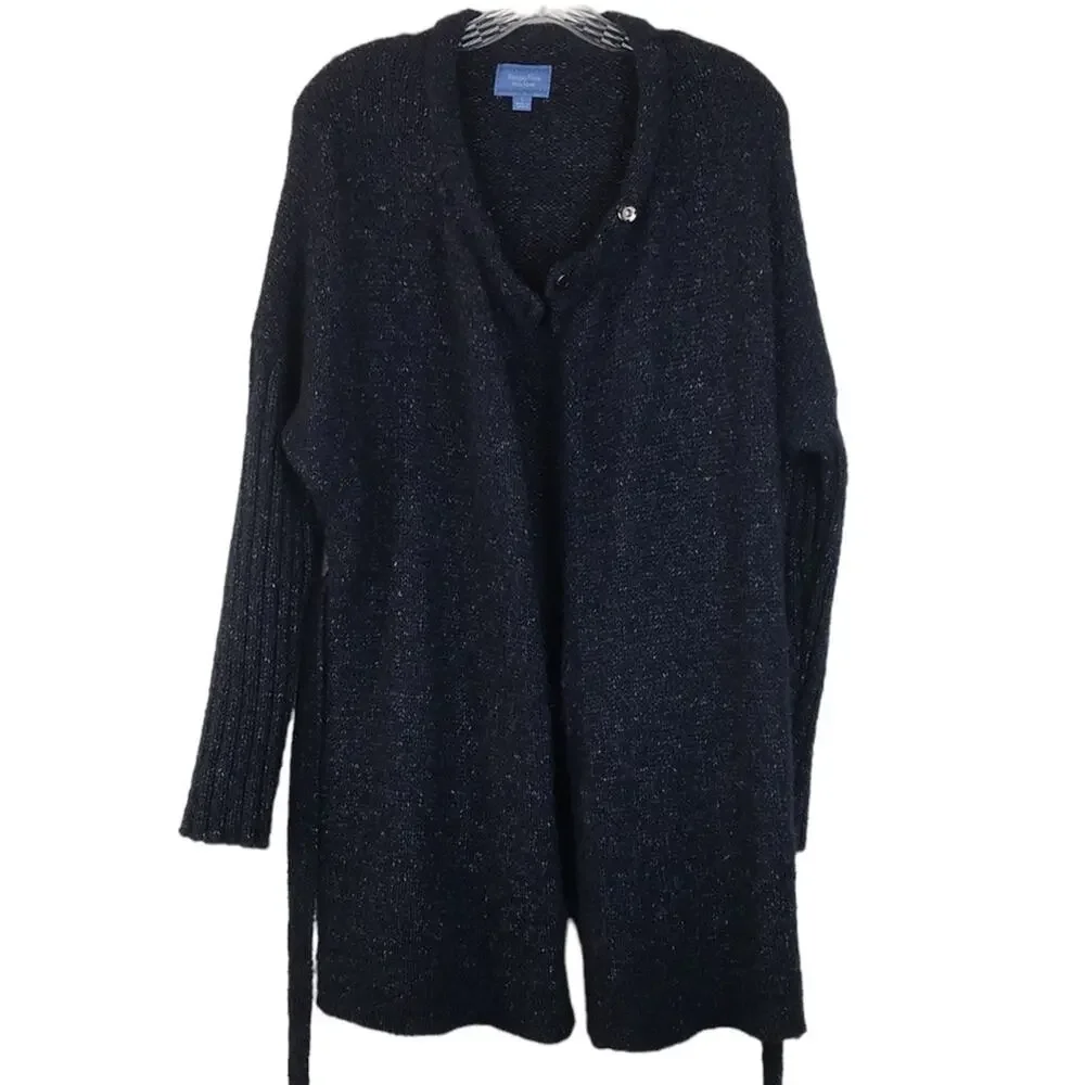 SimplyVera Vera Wang Knit Cardigan Tie Waist Sweater Pockets Marled Navy Large - Picture 4 of 15